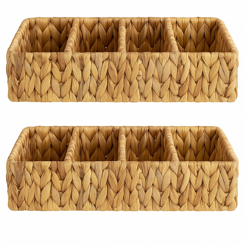 StorageWorks 4-Section Wicker Baskets – Natural Water Hyacinth Storage Bins for Pantry & Shelves (2-Pack)