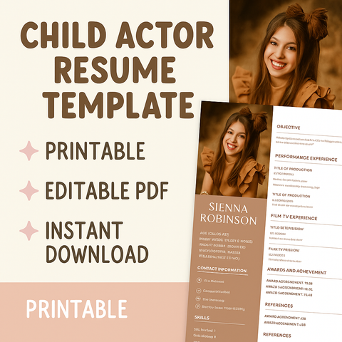 Child Actor Resume Template for Kids | Printable Acting Resume | Editable PDF for Auditions & Casting | Instant Download