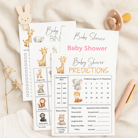 Printable Baby Shower Games – Animal Baby Act It or Draw It + Mommy vs. Daddy & Predictions – Jungle Theme PDF