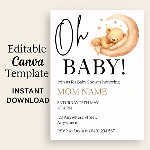 Oh Baby Shower Invitation โ Moon & Bear Canva Template