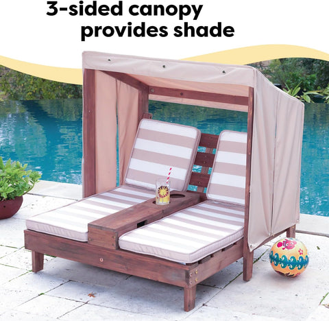 KidKraft Wooden Outdoor Double Chaise Lounge – Espresso Frame with Oatmeal & White Striped Fabric (Kids & Pets)