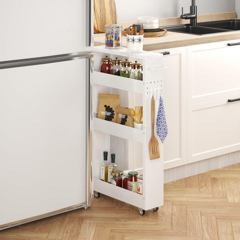 Slim Storage Cart – 5" Wide 4-Tier Rolling Cart with Handle & Wood Top (White)