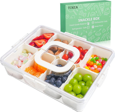Snackle Box Charcuterie Container – Divided Tray with Lid & Handle for Snacks, Travel, Parties – Cream Organizer, Dishwasher Safe