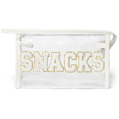 Clear Cosmetic Bag – White “SNACKS” Chenille Patch 💼