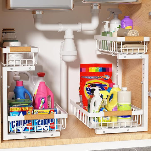 Under Sink Organizer 2 pack, 2 Tier Slide Out Under Sink Organizers And Storage