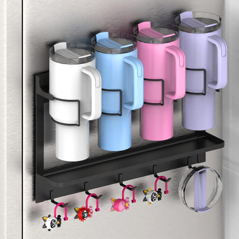 Magnetic Cup Holder for Stanley Tumbler – Strong Fridge Organizer Rack for 30/40 oz Cups (Black, 4-Cup Mount)