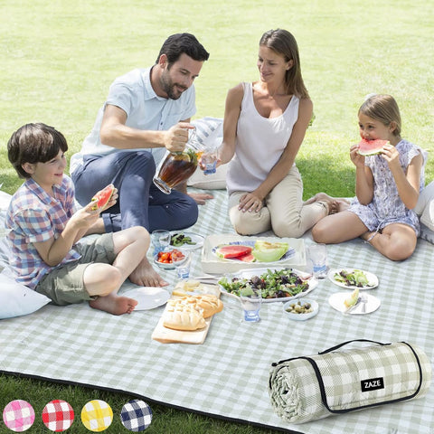 ZAZE Extra Large Waterproof Picnic Blanket โ 80" x 80" (Green Gingham)