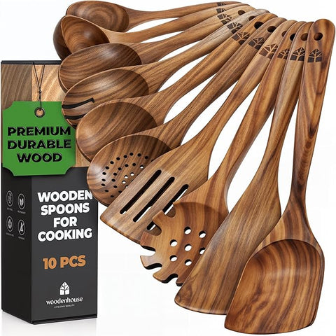 Wooden Spoons for Cooking, 10 Pcs Wooden Cooking Utensils Set