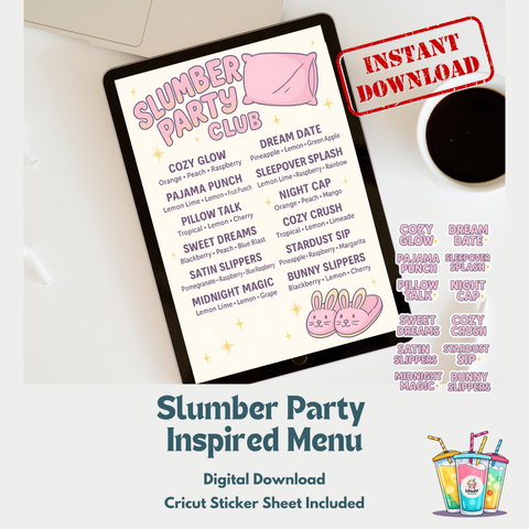 Slumber Party Tea Menu & Sticker Set โ Digital Download for Sleepover Parties