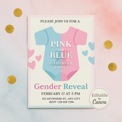 Pink & Blue Onesie Gender Reveal Invitation โ Editable Baby Shower Template, Digital Download