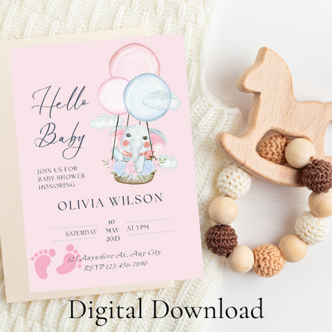Pink Elephant Baby Shower Invitation Girl | Editable Balloon Baby Shower Invite | Printable Hello Baby Template