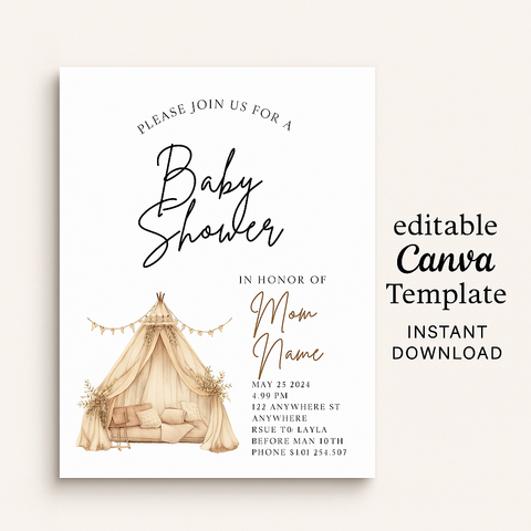 Boho Baby Shower Invitation โ Editable Canva Template with Tent Design