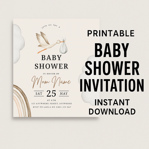 Editable Baby Shower Invitation – Neutral Stork Card (Canva Template)