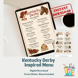 Kentucky Derby themed digital energy drink menu and Cricut-ready sticker sheet for distributors and events, instant download