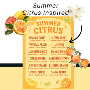 Summer Citrus Energy Drink Kit with 12 orange-based flavors including Orange Twist, Citrus Burst, Tropical Peach, Limeade, and more with citrus fruit illustrations.