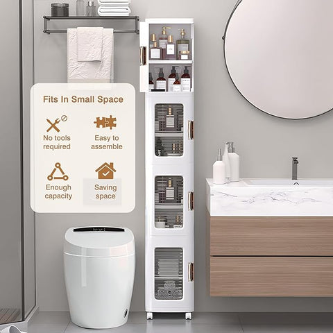 VECELO 4-Tier Plastic Tall Narrow Storage Cabinet with Movable Wheels, Adjustable Shelves